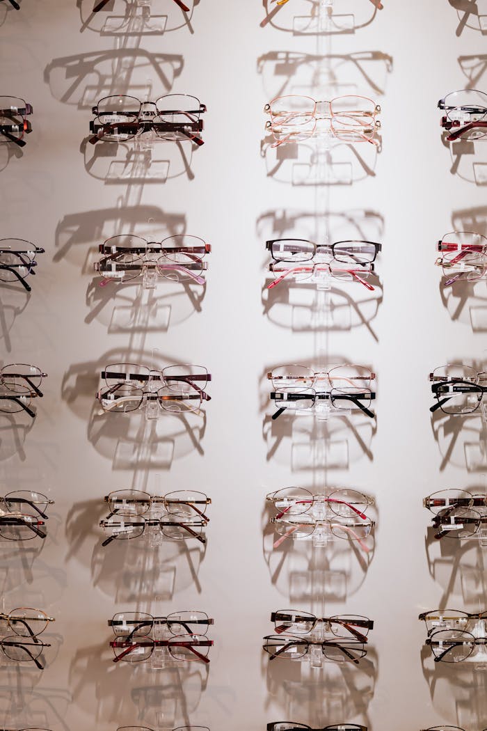 Array of stylish eyeglasses neatly displayed on a wall showcasing variety in design.