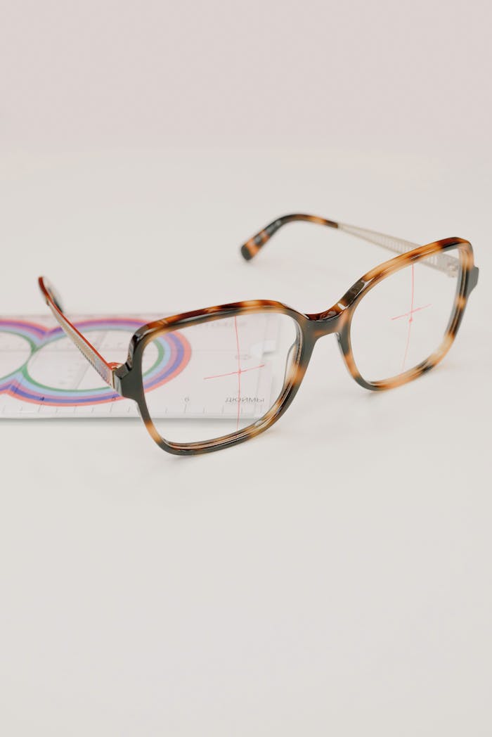Stylish tortoise shell eyeglasses with a measuring ruler on white background.